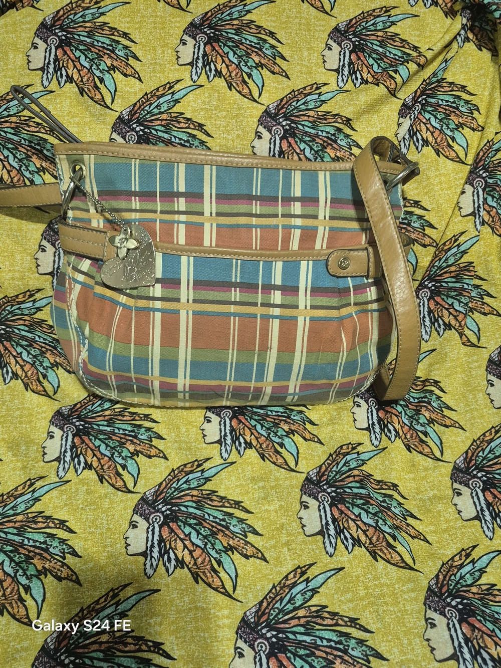 Y2K Relic Multicolor Plaid Crossbody with Tan Trim